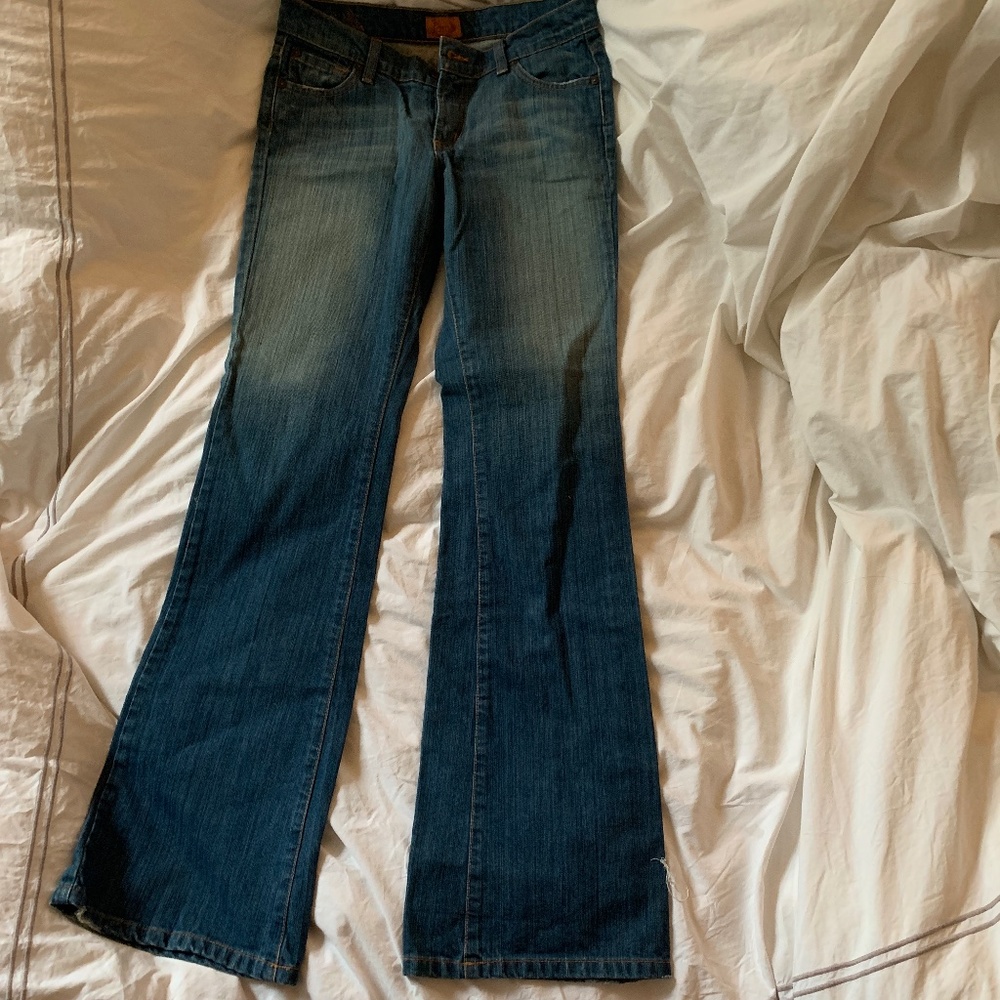 James jeans.  Low rise and flare.